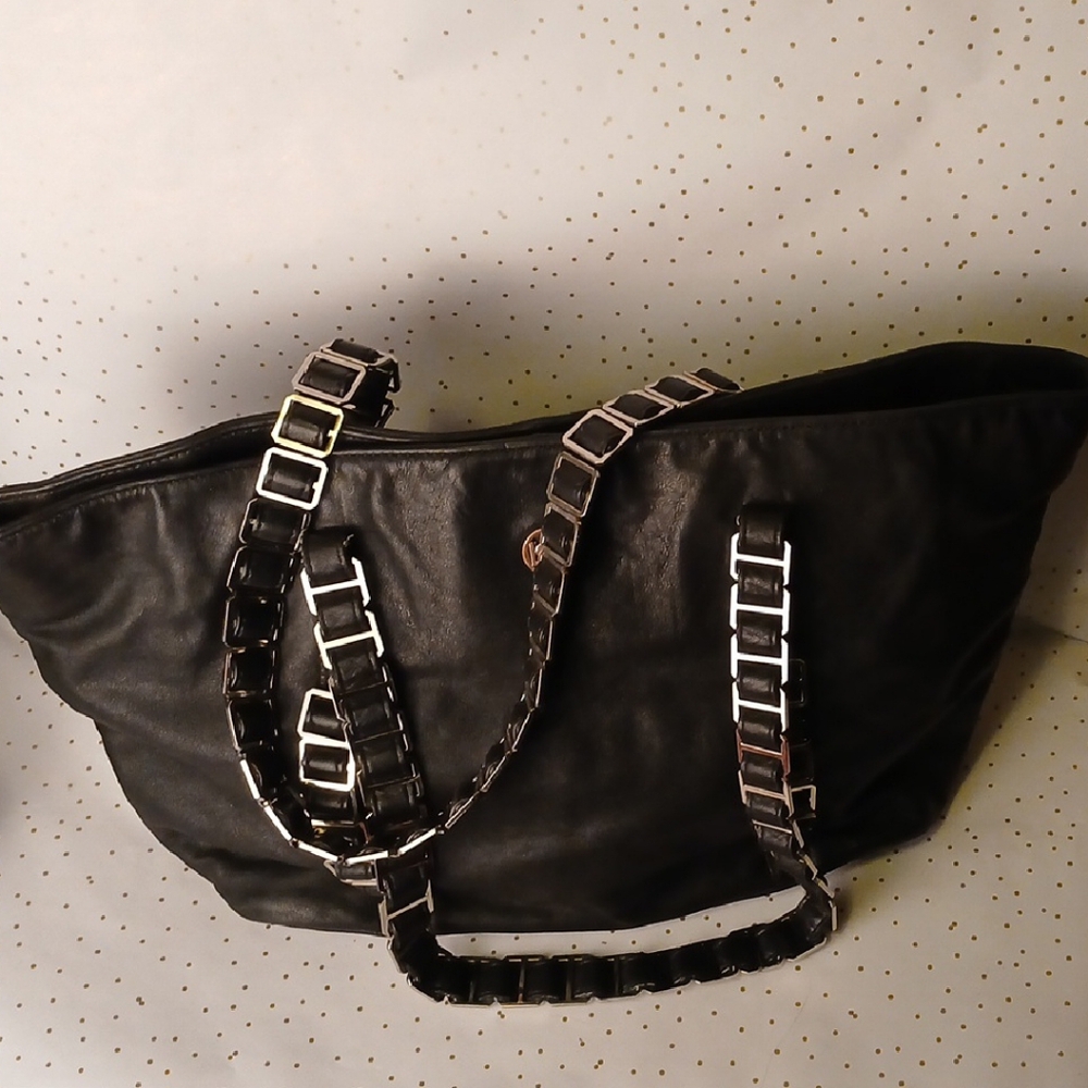 bebe Black Tote Bag with Silver Chain Straps